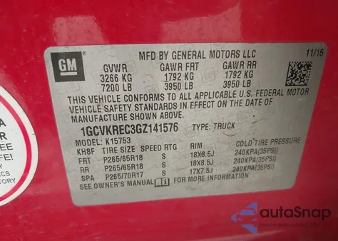 2016 Chevrolet Silverado 1500 1Lt из США, поврежденный, VIN 1GCVKREC3GZ141576